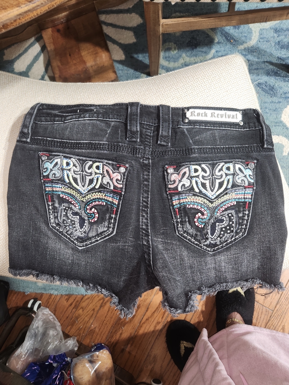 Rock Revival Black Denim Shorts with Multicolor Embroidered Pockets